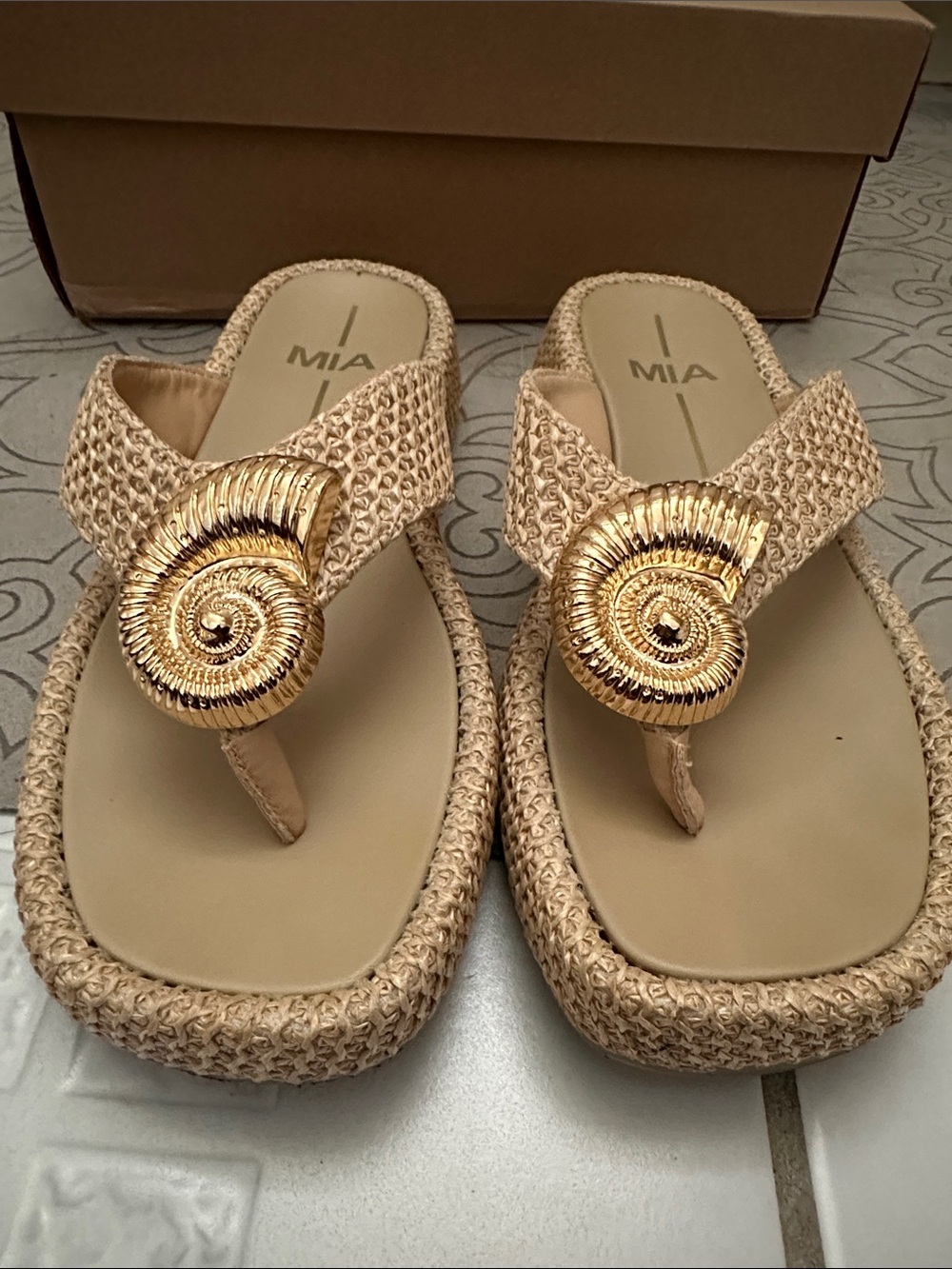 MIA Tan Woven Thong Sandals with Gold Shell Accent - Picture 4 of 7